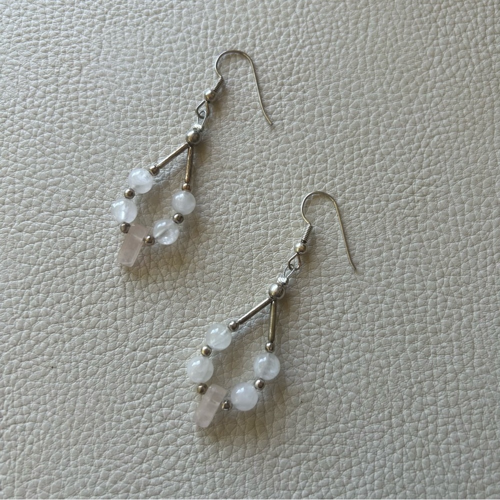 Silver and Rose Quartz Crystal Dangle Earrings